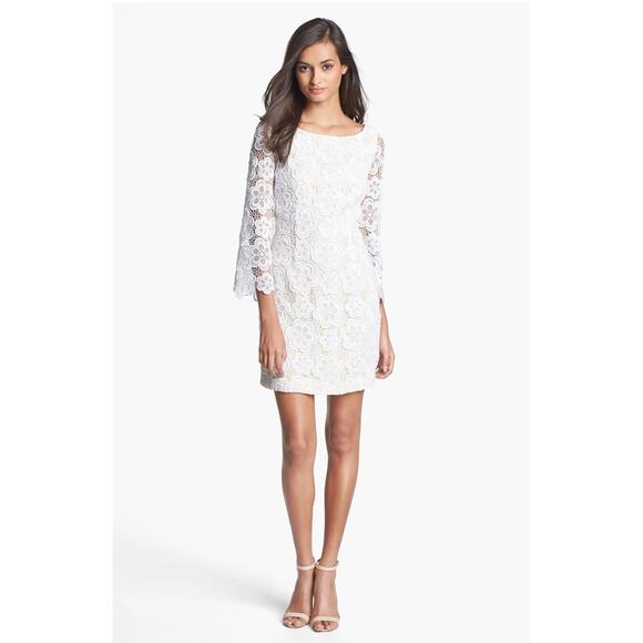 Tahari NWT Ivory White Floral Lace 3/4 Sleeve Dress SZ 6 Bridal Shower Night Out - Picture 1 of 11